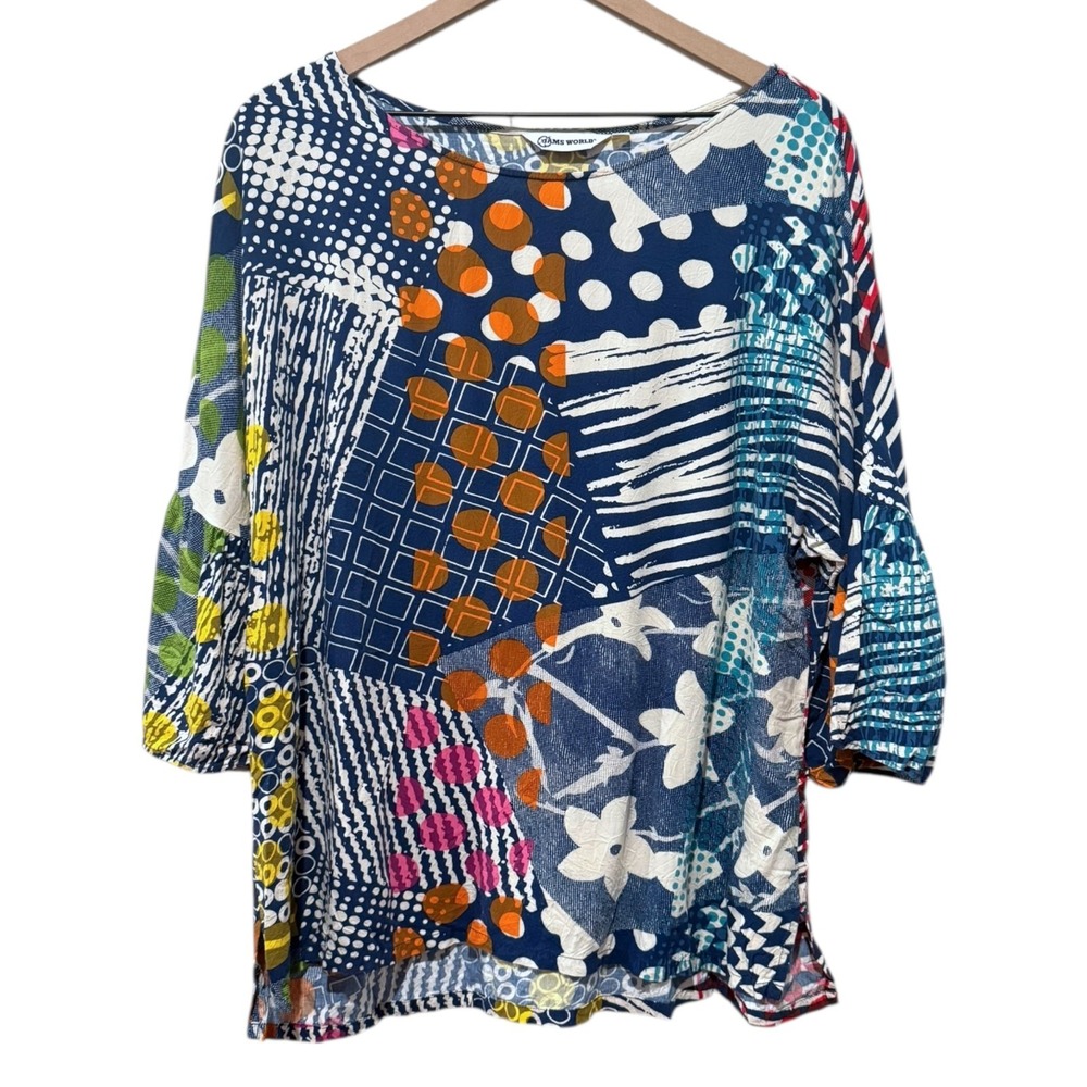 Jams World Top Women Sz L Patchwork Floral Abstract Colorful Artsy Hawaii USA